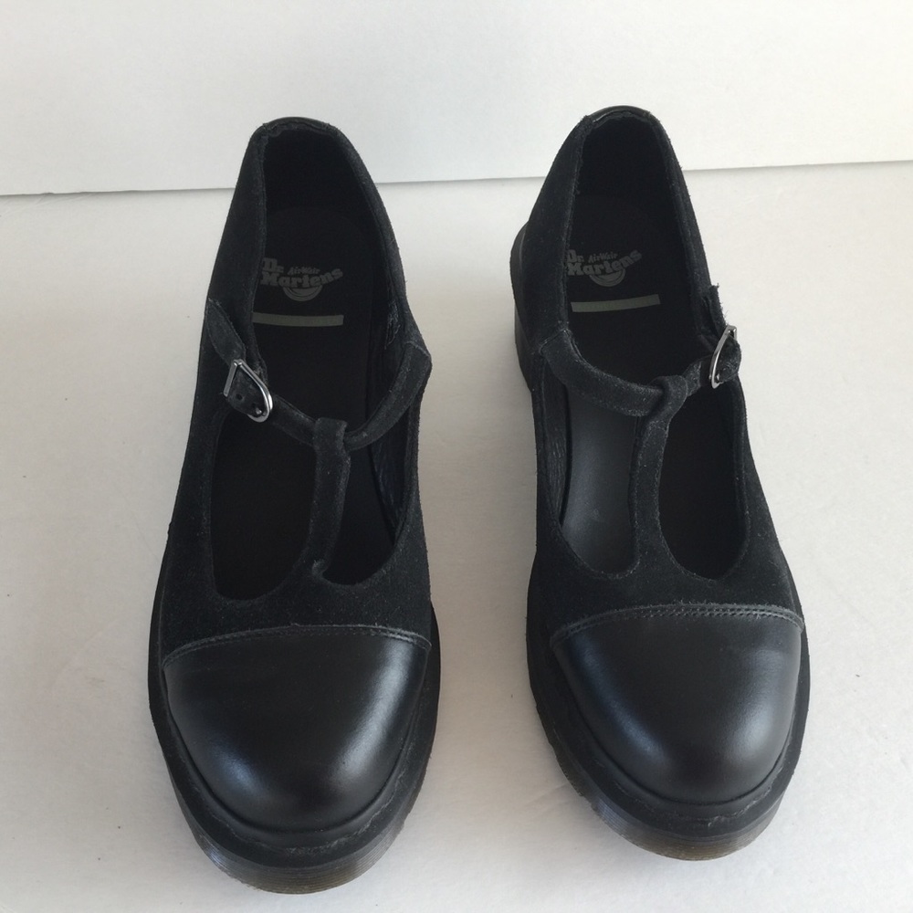 Dr. Martens Black T-Strap Leather & Suede Mary Jane Shoes